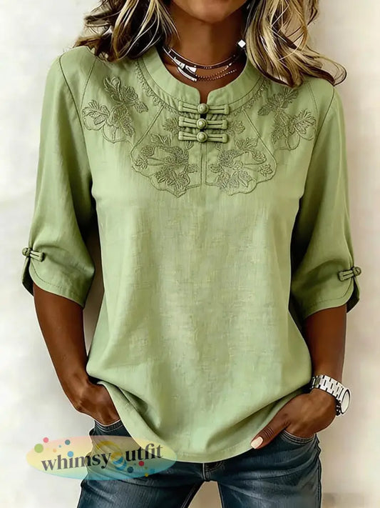 Dames katoen en linnen geborduurd T-shirt - Groen / M