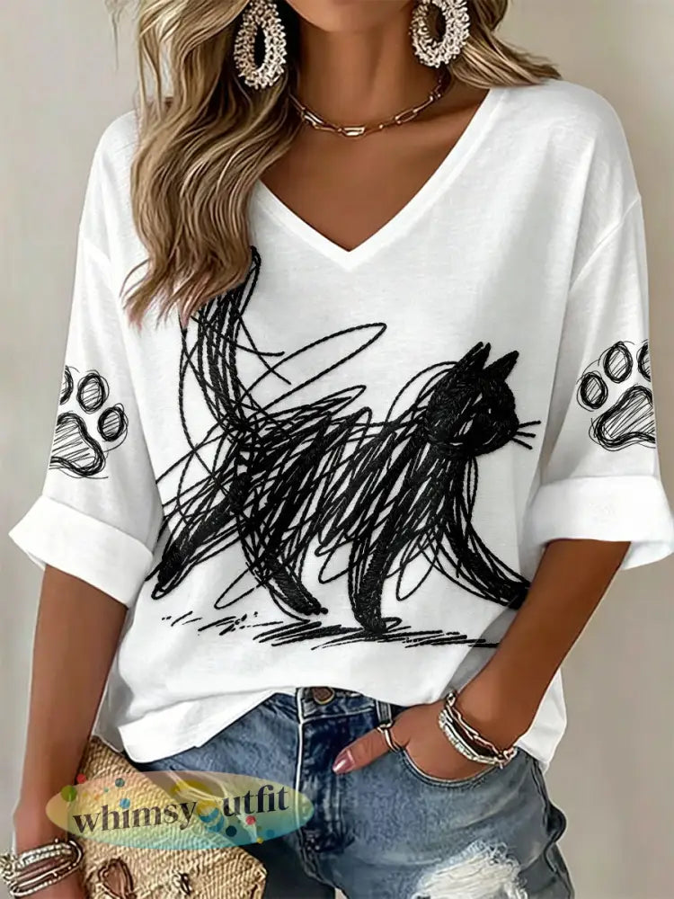 Dames kattenkunstprint V-hals T-shirts - Wit / S