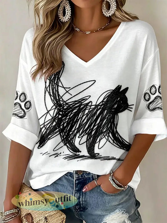 Dames kattenkunstprint V-hals T-shirts - Wit / S