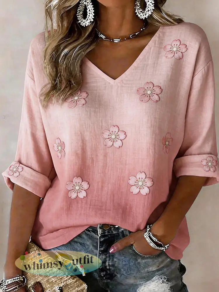 Dames kersenbloesem borduurwerk patroon linnen blend shirt - Roze / S