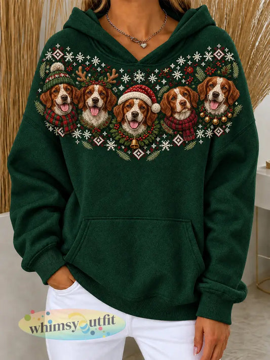 Dames Kerst Bretagne Honden Patroon Causale Hoodie - Donkergroen / S