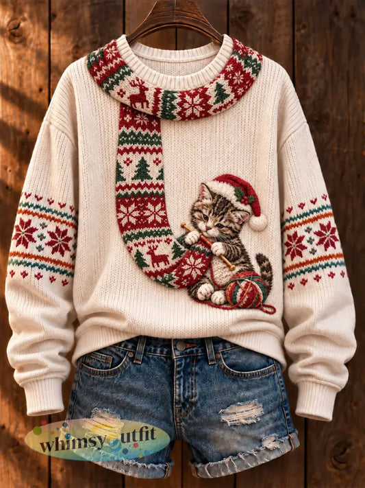 Dames kerst ’Cat Knitting a Scarf’ Gedrukte casual trui - Romig-Wit / S