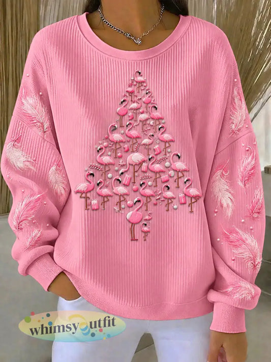 Dames kerst flamingo print geribbelde sweatshirt met ronde hals - Roze / S