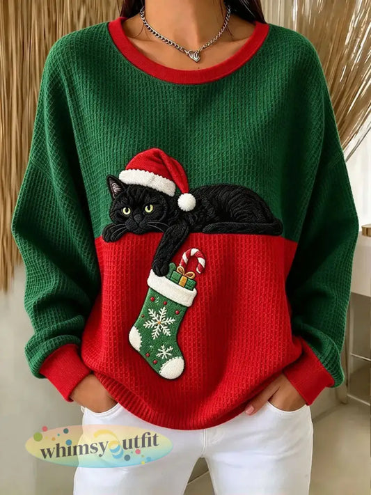 Dames kerst grappige kattenprint hoodie - als foto / S