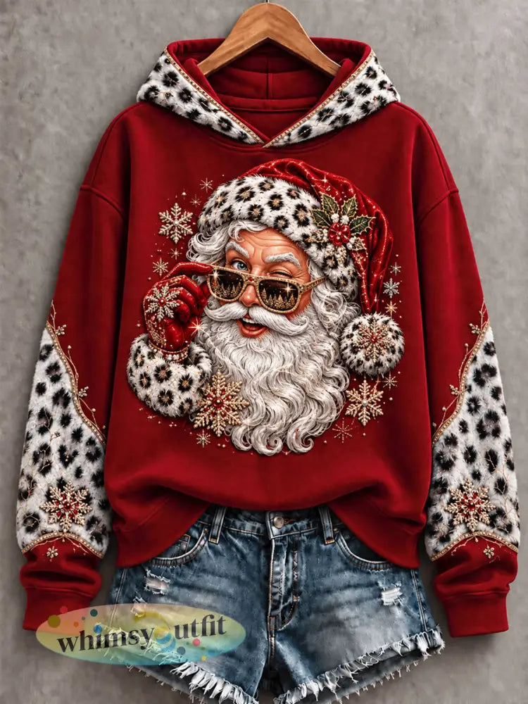 Dames kerst kerstman luipaardprint casual hoodie - Rood / S