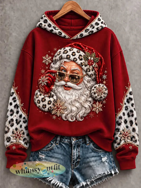 Dames kerst kerstman luipaardprint casual hoodie - Rood / S
