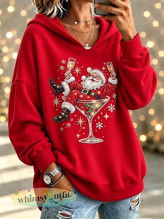 Dames kerst kerstman wijnglas print sweatshirt - Rood / S