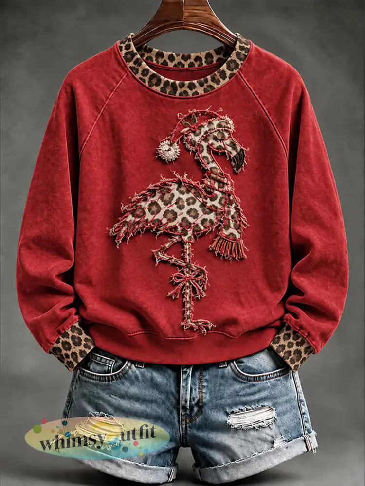 Dames Kerst Leopard Flamingo Print Casual Sweatshirt - Rood / S