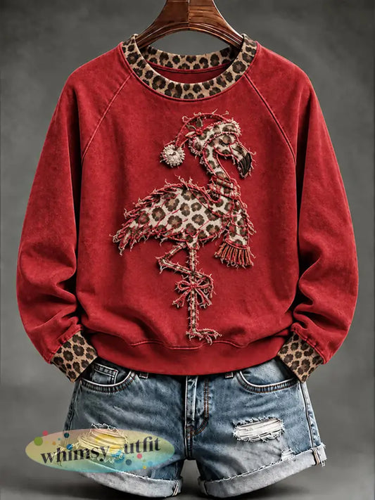 Dames Kerst Leopard Flamingo Print Casual Sweatshirt - Rood / S