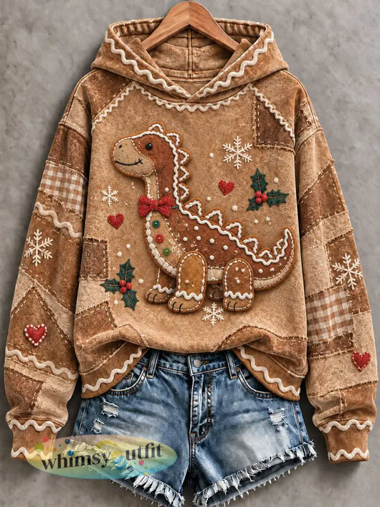 Dames kerst peperkoek dinosaurus Stegosaurus print casual hoodie - Bruin / S