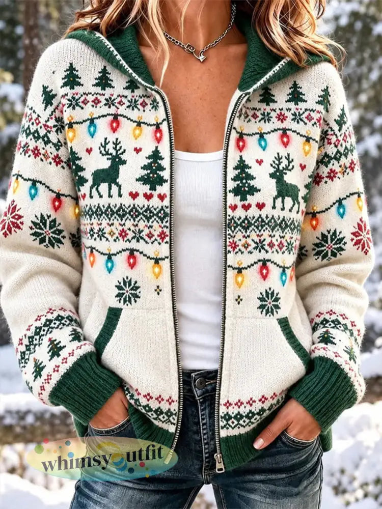 Dames kerst print gebreide jas - Wit / S