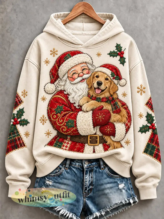 Dames Kerst Santa Claus Golden Retriever Patchwork Print Casual Hoodie - Romig-Wit / S
