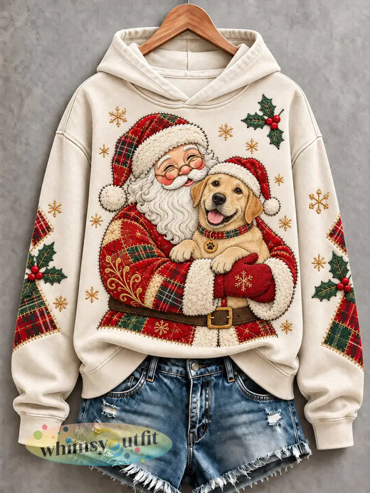 Dames Kerst Santa Claus Labrador Retriever Patchwork Print Casual Hoodie - Romig-Wit / S