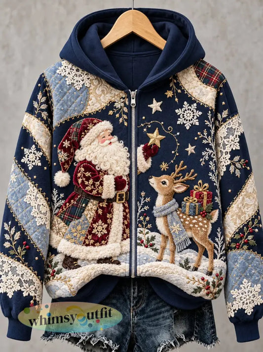 Dames kerst Santa Claus Rendier Art Print Zip-Up Hoodie - als foto / S