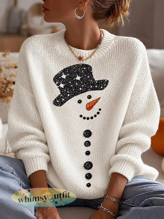 Dames Kerst Sneeuwman Crew Neck Trui - Wit / S
