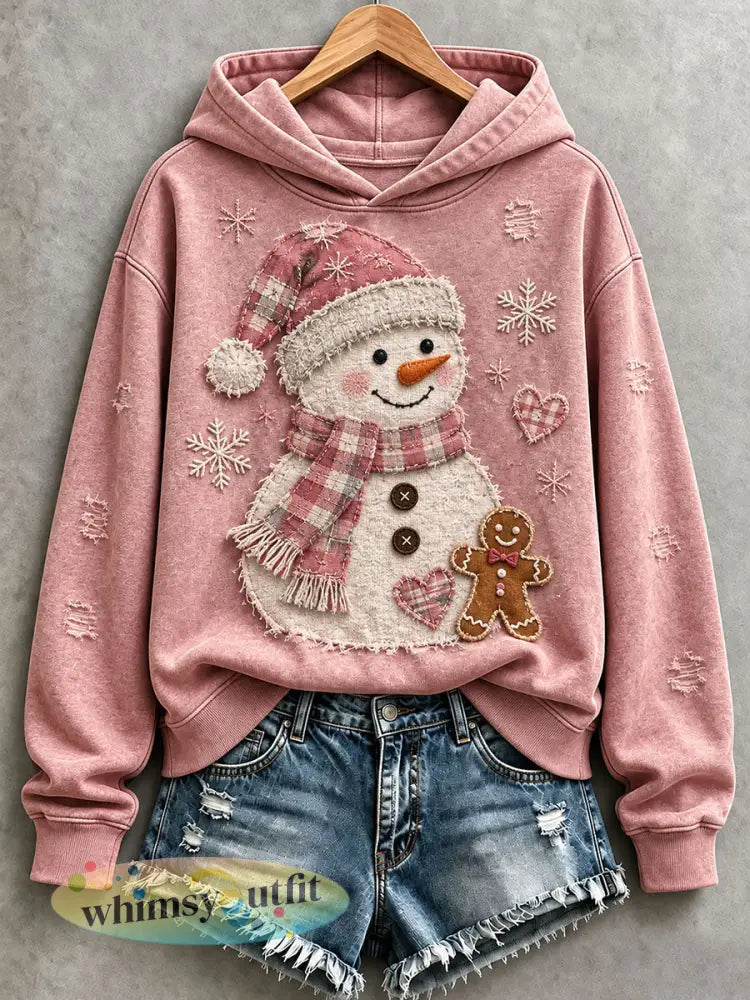 Dames Kerst Sneeuwman Patchwork Art Hoodie - Roze / S
