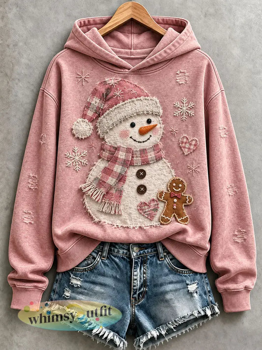 Dames Kerst Sneeuwman Patchwork Art Hoodie - Roze / S