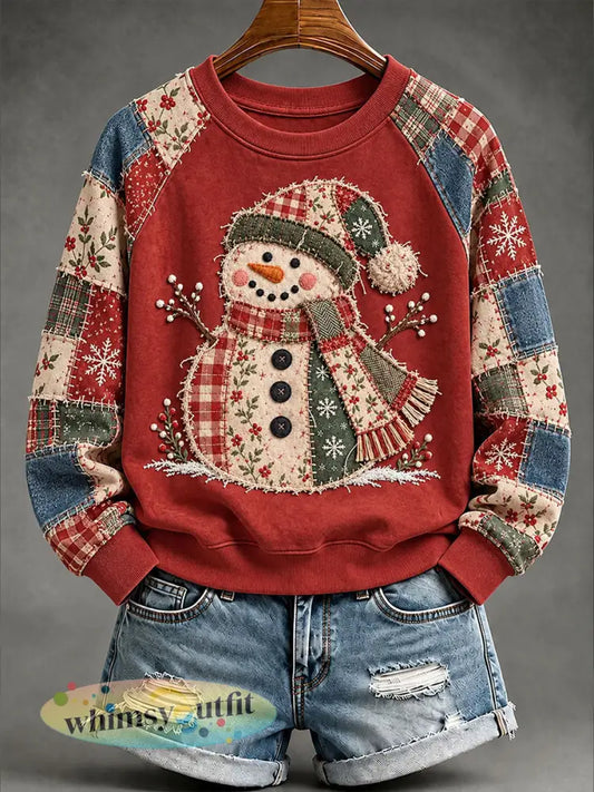 Dames Kerst Sneeuwman Print Casual Raglan mouw Sweatshirt - Rood / S