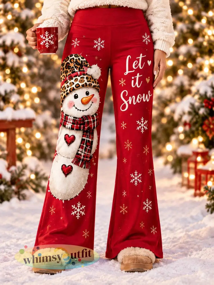 Dames kerst sneeuwpop print broek - Rood / S