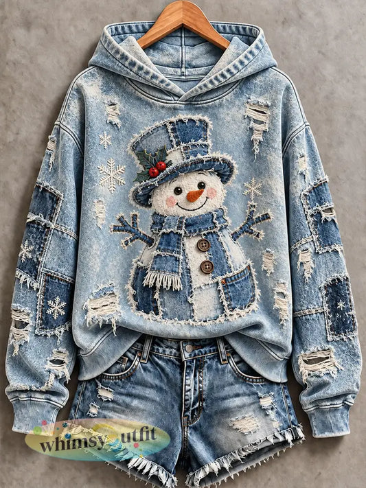 Dames kerst sneeuwpop print hoodie - Blauw / S