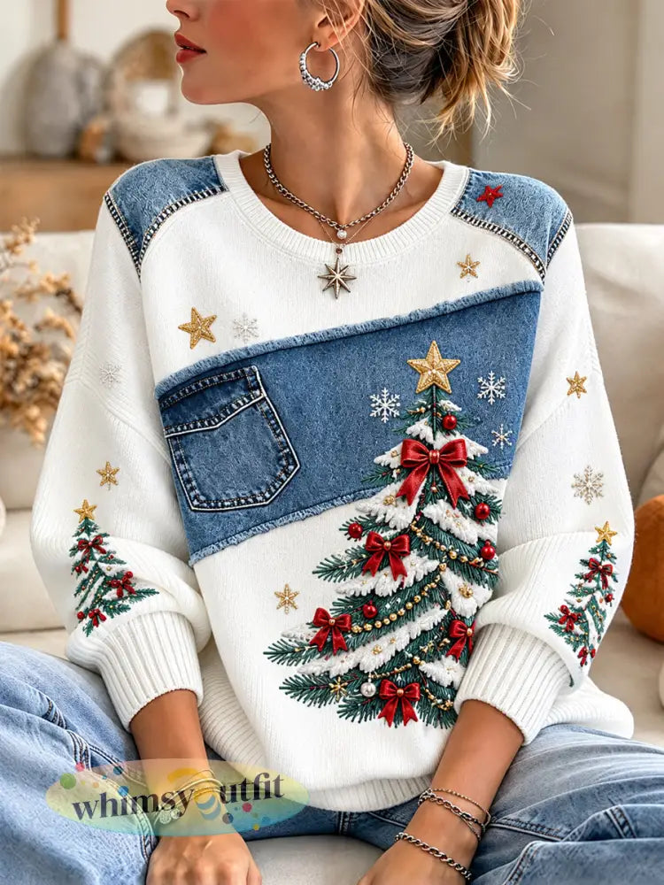 Dames kerstboomprint casual trui - Wit / S