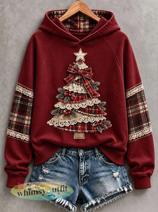 Dames kerstboomprint hoodie - Wijnrood / S