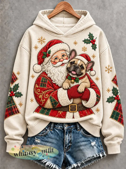 Dames kerstman Franse Bulldog patchwork print casual hoodie - Romig-Wit / S