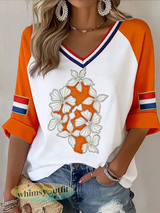 Dames Koninginnedag bloemen patchwork print casual T-shirt met V-hals - Oranje wit / S