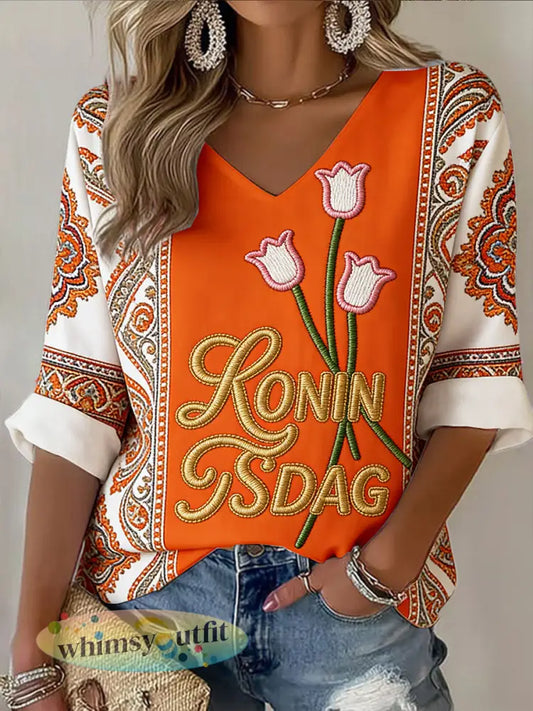 Dames Koninginnedag bloemen patchwork print casual T-shirt met V-hals - Sinaasappel / S