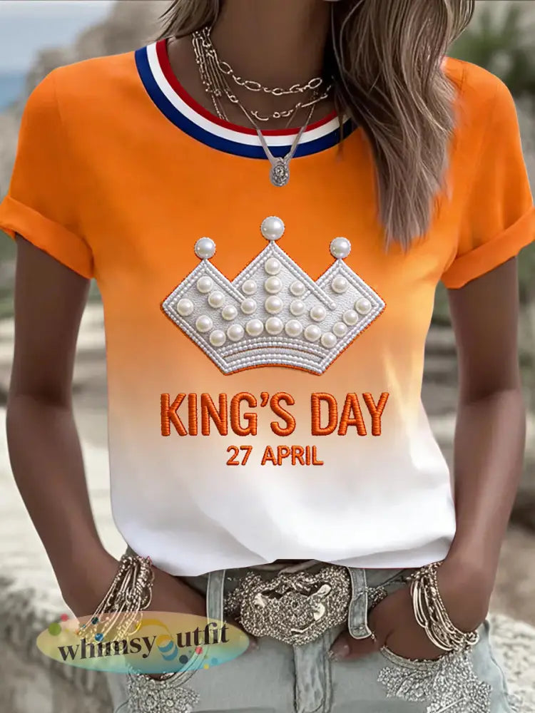 Dames Koninginnedag kroon gradiëntprint casual t-shirt - Oranje wit / S