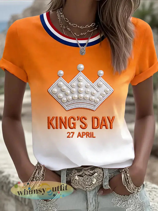 Dames Koninginnedag kroon gradiëntprint casual t-shirt - Oranje wit / S