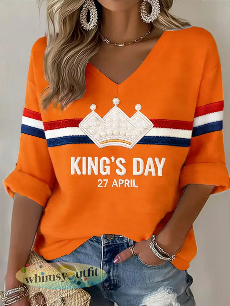 Dames Koninginnedag Parelkroon 3D-geprint Oranje T-shirt met V-hals - Sinaasappel / S
