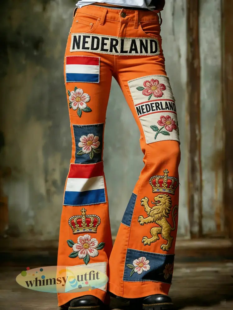 Dames Koninginnedag-print casual uitlopende broek - A / S