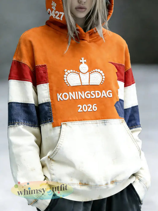 Dames Koningsdag 2026 3D patchworkprint casual sweatshirt met capuchon - Sinaasappel / S
