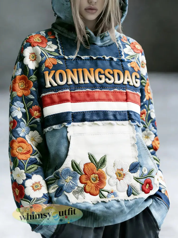 Dames Koningsdag bloemenprint denim patchwork vintage hoodie met capuchon - Veelkleurig / S