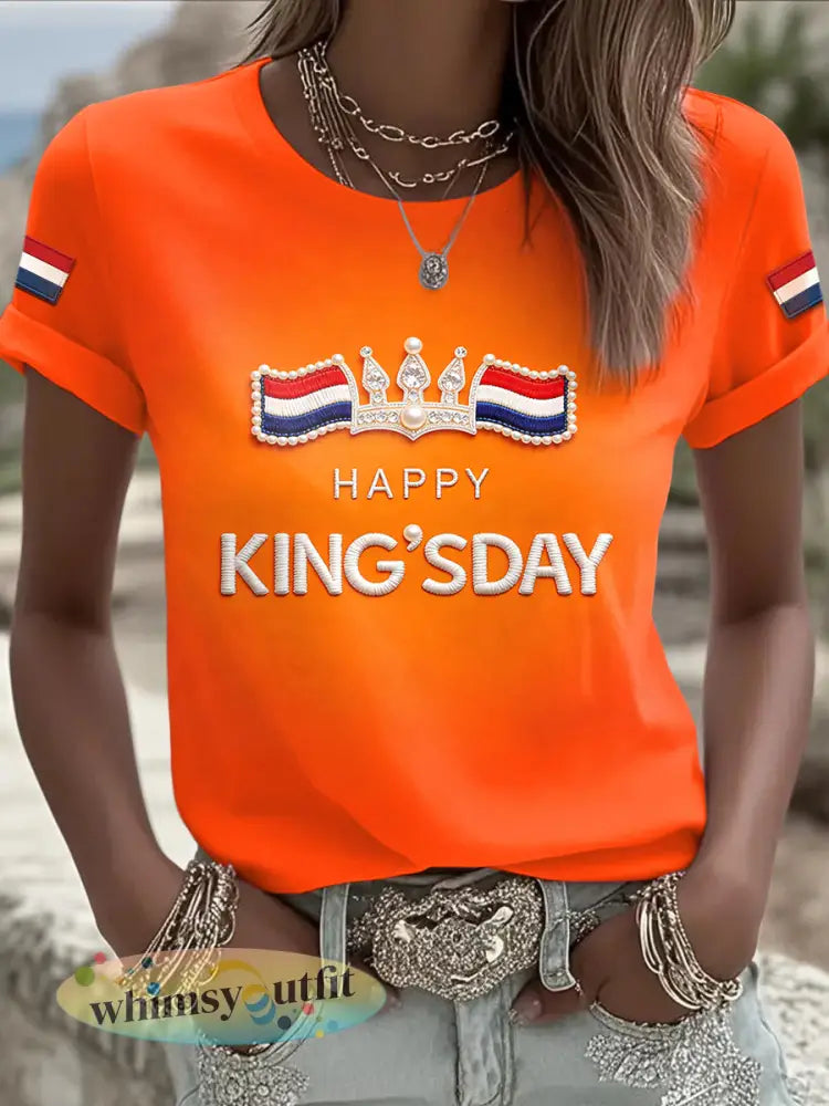 Dames koningsdag diamant 3D-print mode casual T-shirt - Sinaasappel / S