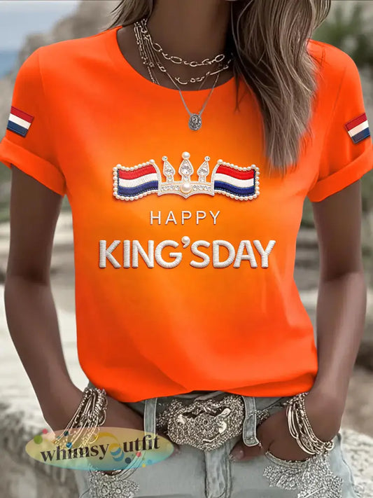 Dames koningsdag diamant 3D-print mode casual T-shirt - Sinaasappel / S