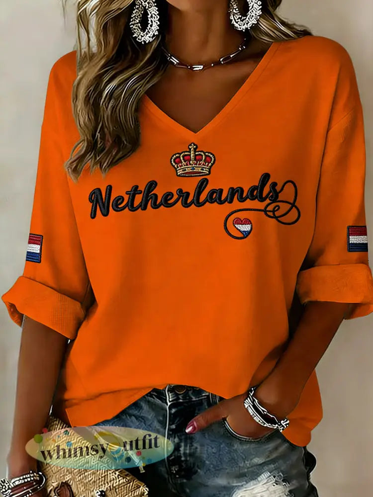 Dames koningsdag geborduurde print met V-hals - A / S