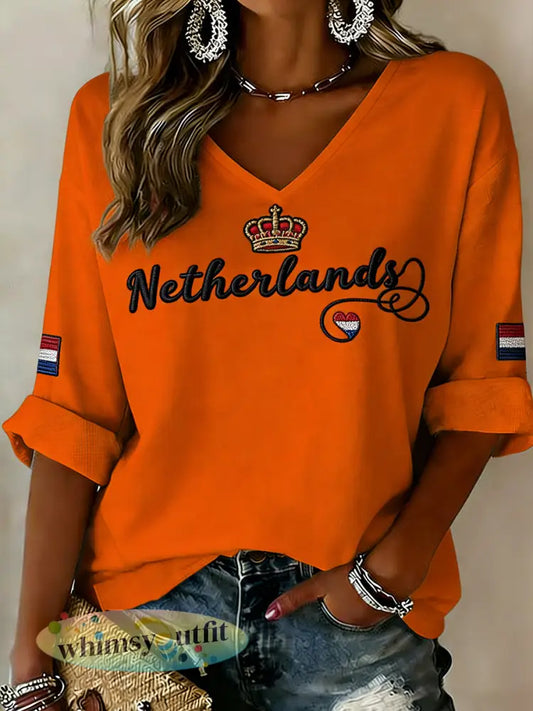 Dames koningsdag geborduurde print met V-hals - A / S