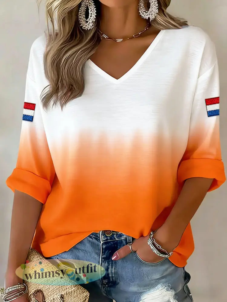 Dames koningsdag gradiëntprint minimalistisch T-shirt met V-hals - Oranje wit / S