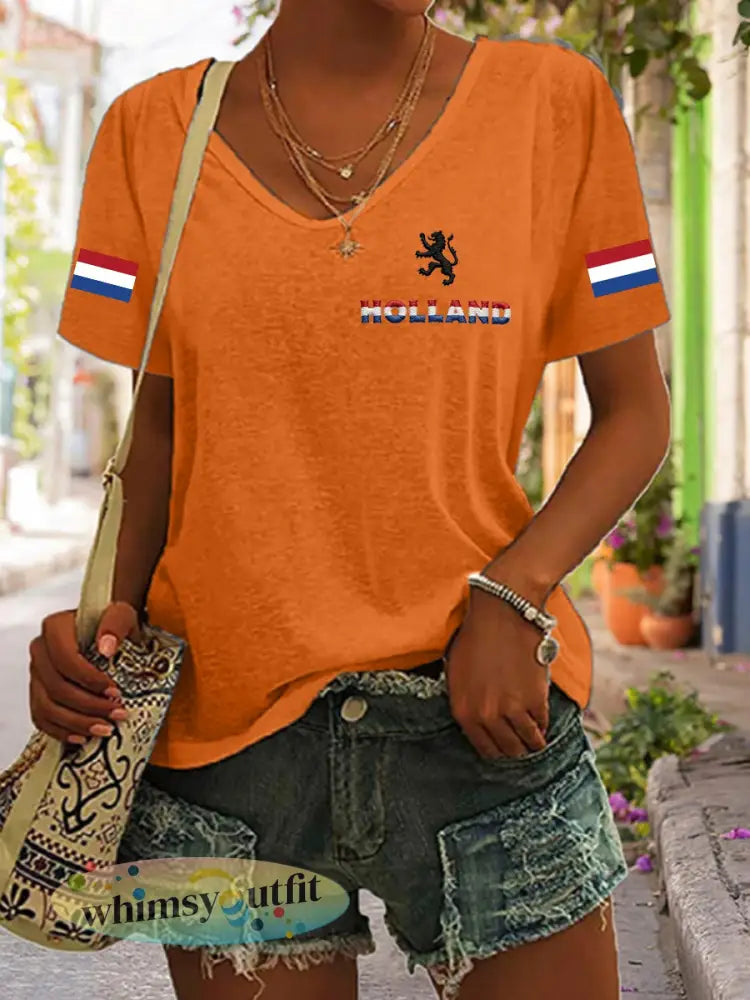 Dames Koningsdag katoenen T-shirt met V-hals - Oranje / S