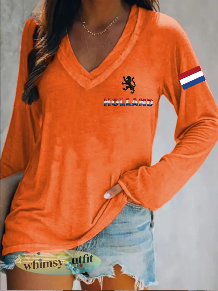 Dames Koningsdag katoenen T-shirt met V-hals - Oranje / S