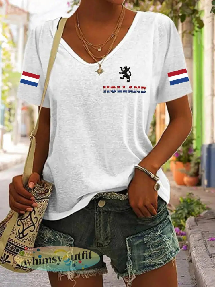 Dames Koningsdag katoenen T-shirt met V-hals - Wit / S