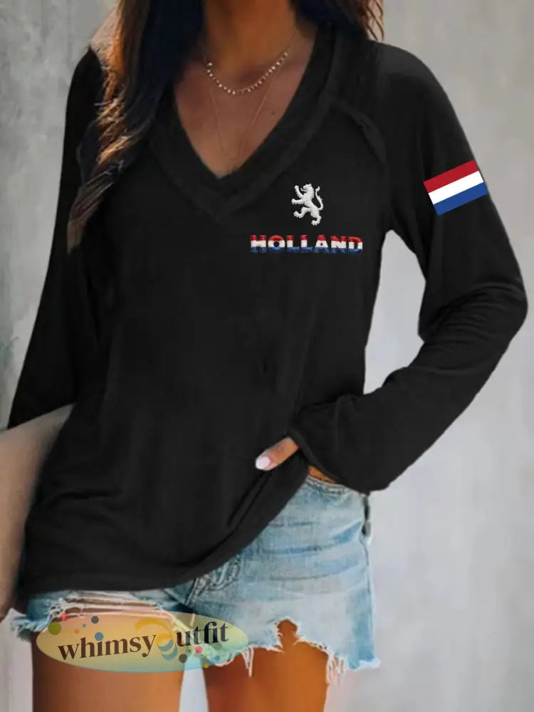 Dames Koningsdag katoenen T-shirt met V-hals - Zwart / S