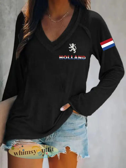 Dames Koningsdag katoenen T-shirt met V-hals - Zwart / S