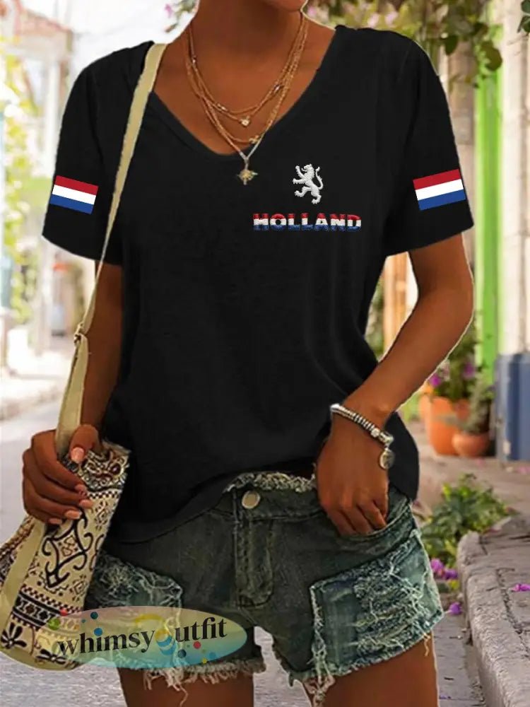 Dames Koningsdag katoenen T-shirt met V-hals - Zwart / S