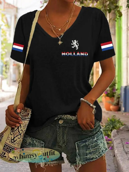 Dames Koningsdag katoenen T-shirt met V-hals - Zwart / S