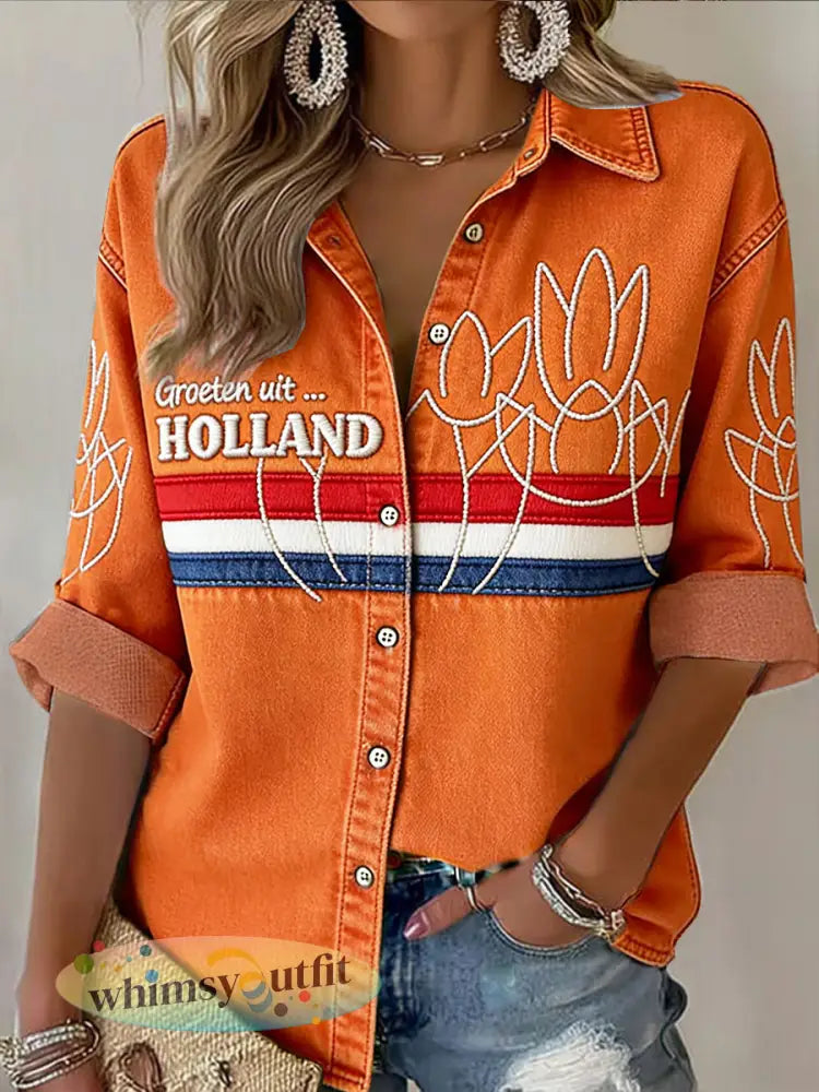 Dames Koningsdag Nederlandse imitatie denim print shirt met lange mouwen - Sinaasappel / S