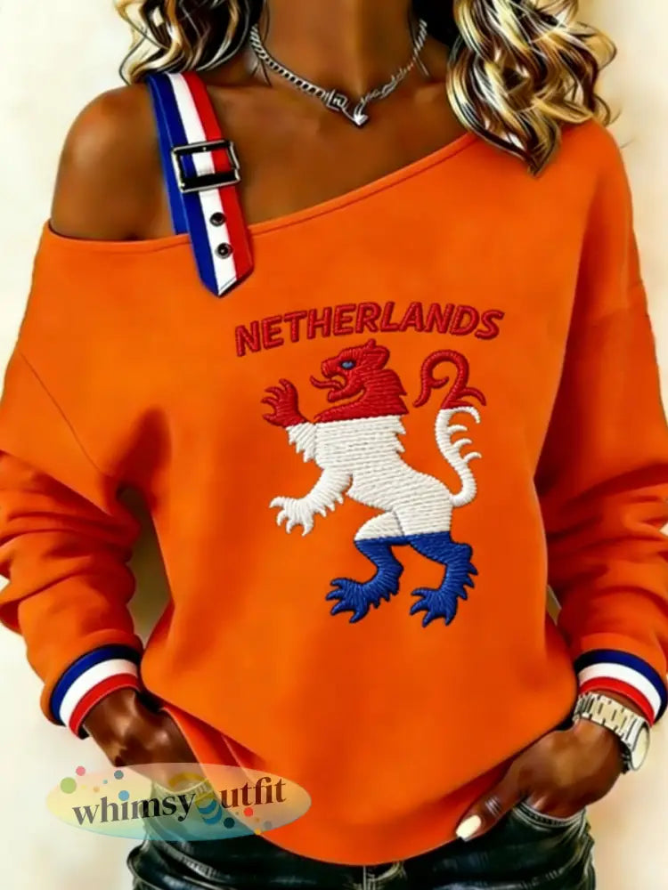 Dames Koningsdag Nederlandse Republiek Leeuw Nederlandse Vlag Sweatshirt - Sinaasappel / S