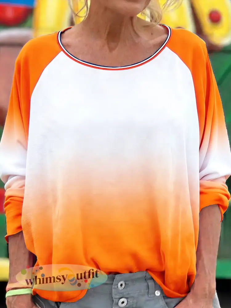 Dames Koningsdag-oranje verloopprint casual T-shirt met lange mouwen - Oranje wit / S
